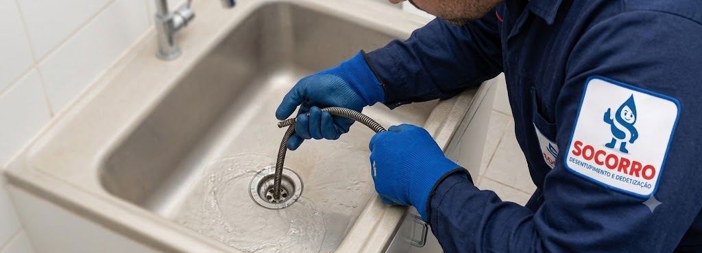 Profissional realizando Desentupimento de Esgoto, Pias, Ralos e Vasos Sanitários em Chapecó
