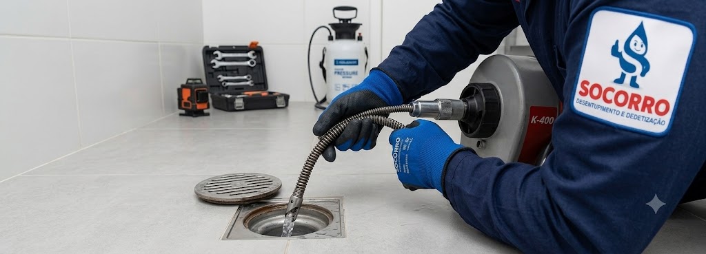 Profissional realizando Desentupimento de Ralos em Chapecó