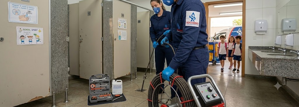Profissional realizando Desentupimento e Manutenção Preventiva para Escolas, Colégios e Creches em Chapecó