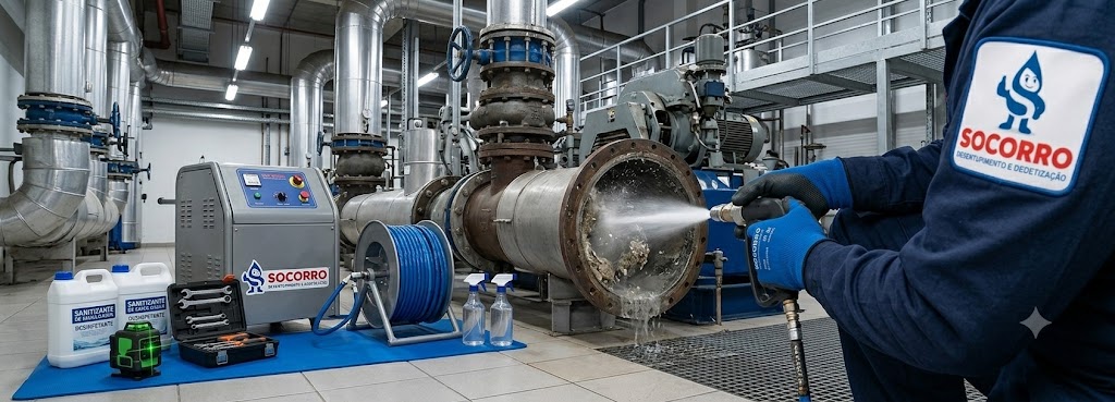 Profissional realizando Desentupimento, Hidrojateamento e Manutenção Preventiva Industrial em Chapecó