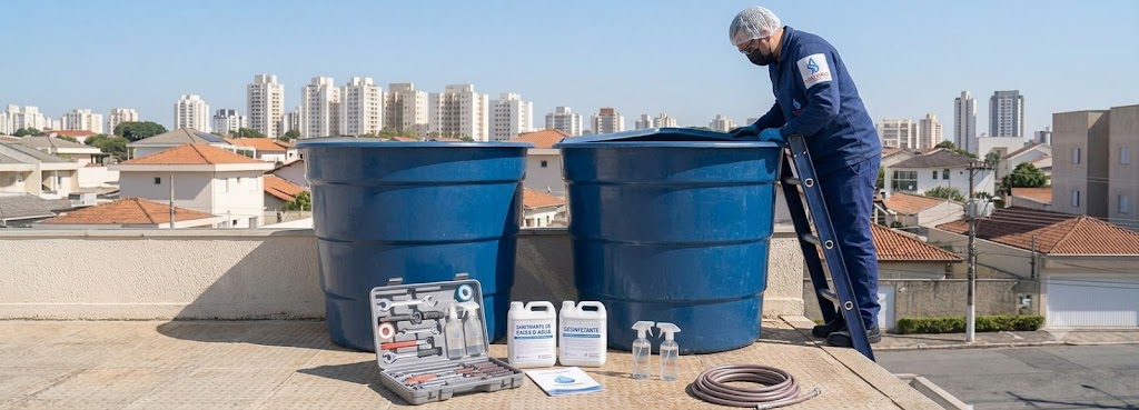 Profissional realizando Imunização e Desinfecção Bacteriológica de Caixas D'água em Chapecó
